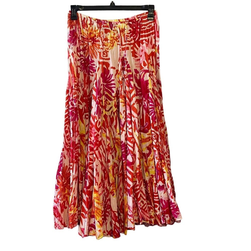 Grace Elements Cotton Pleated Elastic Waist Abstract Print Poodle Midi Skirt S